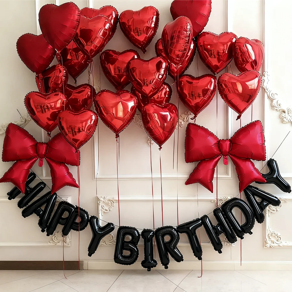 Schwarzes Happy Birthday-Ballon-Set, rotes Herz, Ballon, Schleife, Aluminiumfolie, Ballon für Geburtstagsparty-Dekoration, Fotografie-Requisiten – Detail 5