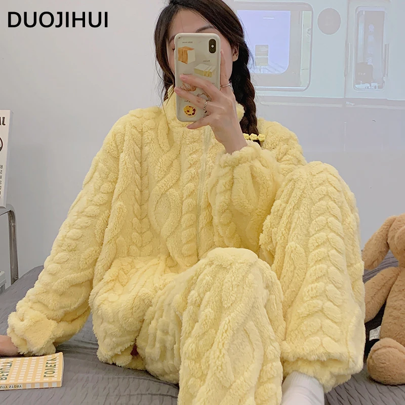 DUOJIHUI Yellow Winter Thick Warm Soft Flannel Female Pajamas Sets New Loose Simple Pure Color Fashion Pocket Pajamas for Women