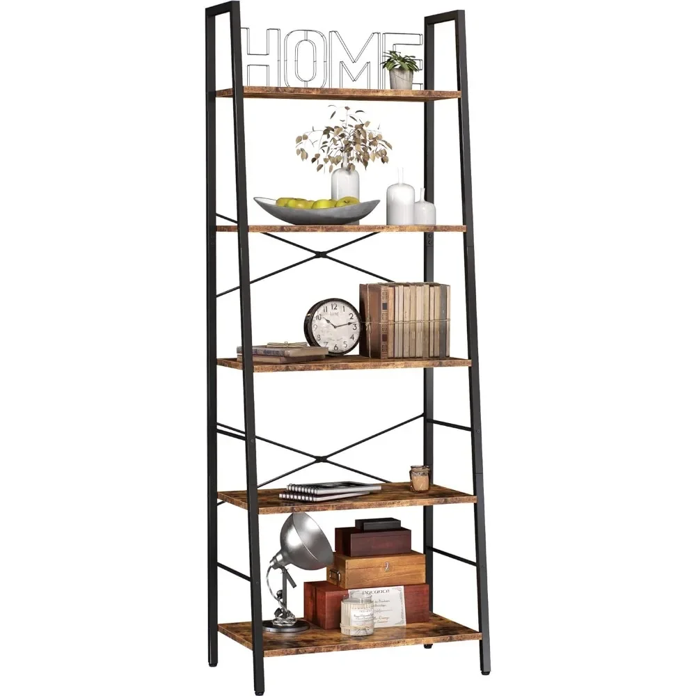 Bookshelf, Ladder Shelf 5-Tier Bookcase for Bedroom, Industrial Book Shelves Storage Rack with Metal Frame for Home Office