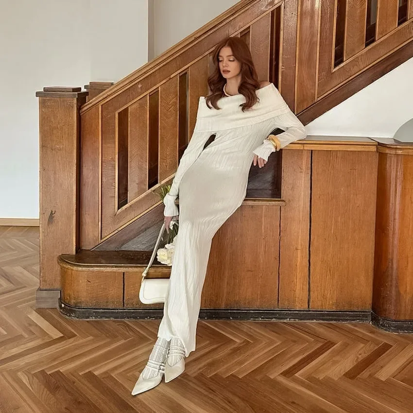 2025 Autunno Nuovo Manica Lunga Elegante Partito Aderente Abiti Lunghi Femminili Casual Abiti Sottili Collo Lavorato A Maglia Maxi Vestito Delle Donne