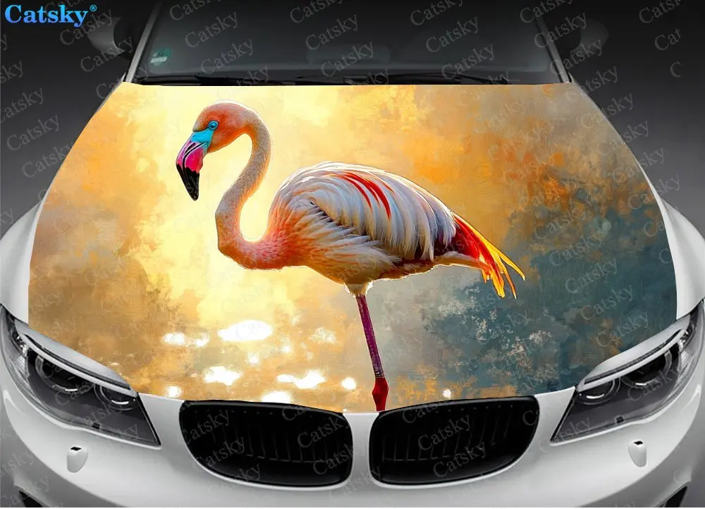 Pink Flamingo Sunset Graphic Car Hood Vinyl Sticker Wrap Film Engine Cover Decal Universal Auto Accessories Hood Protective Film