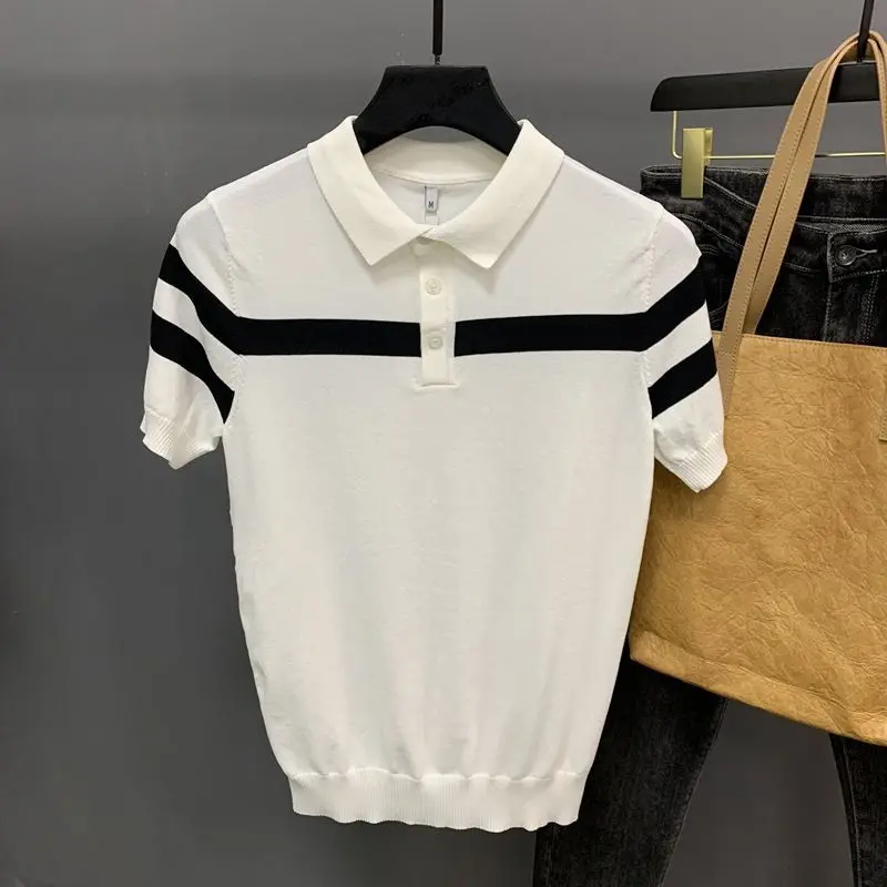 2024 Summer New Fashion Knitted Short sleeved T-shirt Men\'s Striped Polo Shirt Flip Collar Korean Half Sleeve Casual Shirt