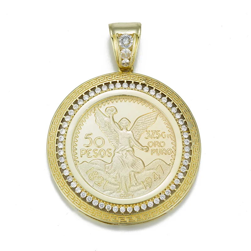 14K Gold Plated Mexican Centenario Moneda 50 Peso CZ Pendant Medal fashion style