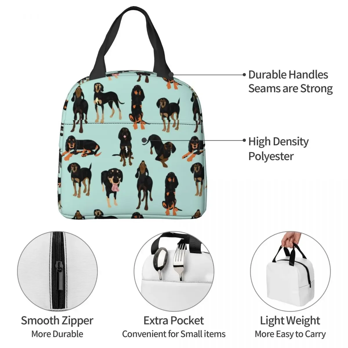 Lunch Bags for Men Women Black And Tan Coonhound Dog Thermal Cooler Bags Portable Picnic School Animal Canvas Tote Bento Pouch