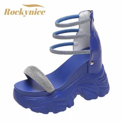 Wysokie sandały na obcasie damskie buty z kryształkami 2022 letnie kliny 10CM wysoka podeszwa sandały Bling Chunky Beach Sneakers Sandalias Mujer