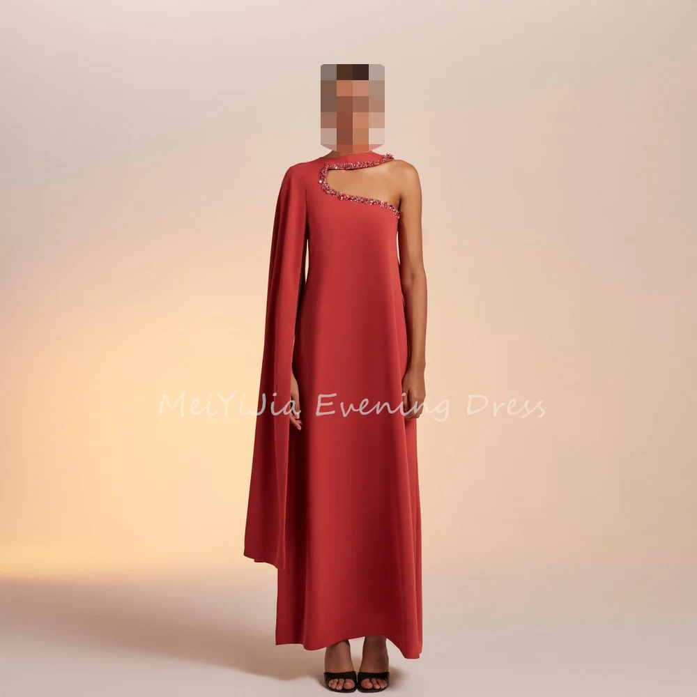 

Meiyijia Crepe A-line O-neck One-shoulder Long Sleeve Ankle Length Evening Dresses For Women 2025 With Beading Draped Party Gown
