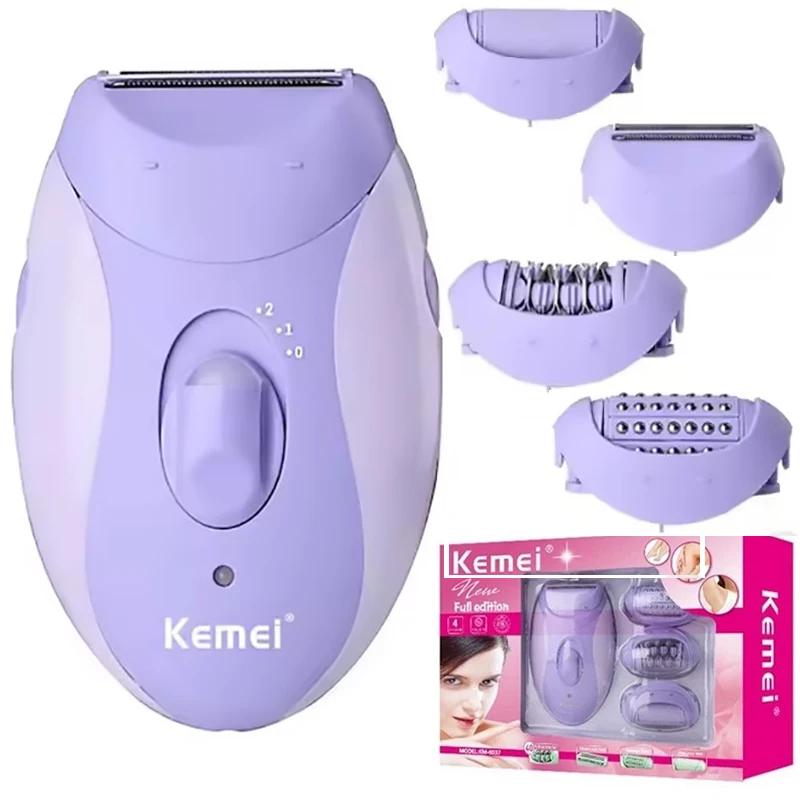 Kemei 4in1 النساء لنزع الشعر ماكينة حلاقة كهربائية الوجه الجسم إزالة الشعر سيدة الساق بيكيني المتقلب مزيل الشعر تحت الإبط قابلة للشحن
