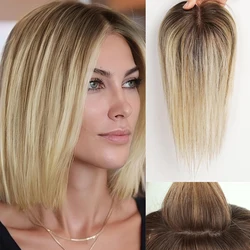 Ombre Brown 12 Inches Topper With Clips Brown Blonde Highlights Hair Toppers for Women Real Remy Human Hair Piece Hair Extension
