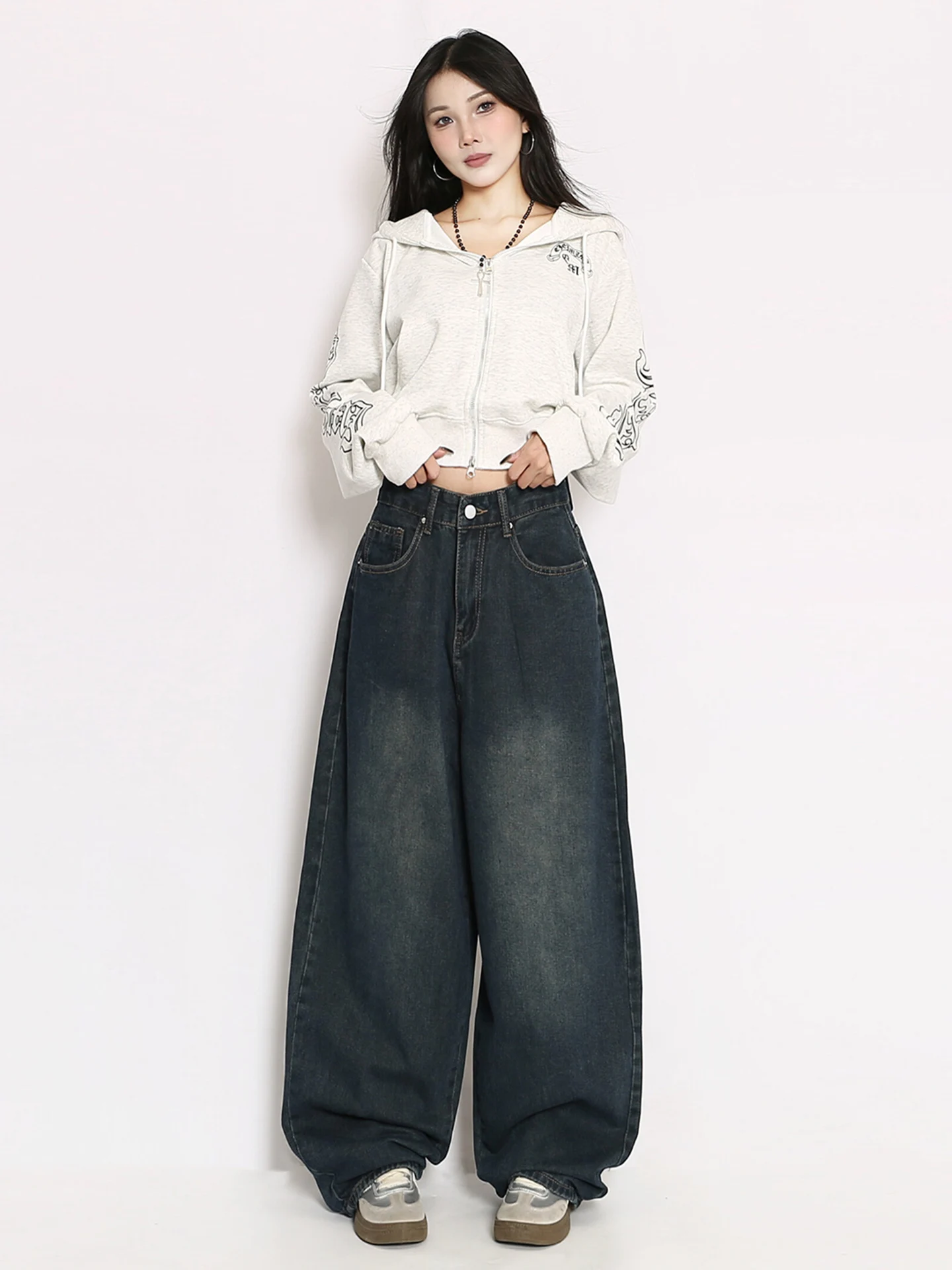 

Waed Distred Wide Leg Jeans Women's Loose Fit High Waist Bf Sle Autumn Faion Retro Knife ket Detail Denim