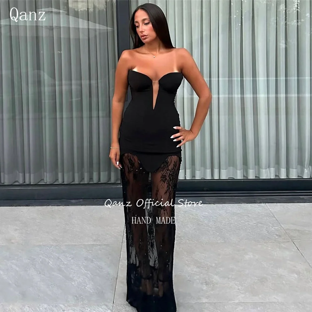 

Qanz Black Lace Evening Dresses Women Luxury Appliques Sexy Illusion Party Dresses Sweetheart Long Robes De Soirée Customized