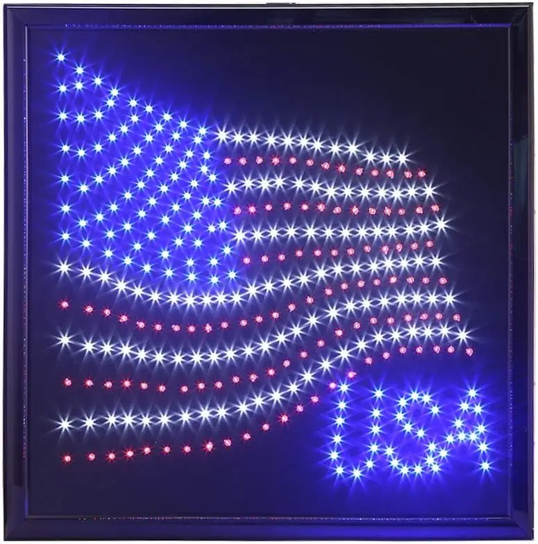 

19x19 Inch LED American Flag Sign with Animated Lighting, Red White Blue, Hanging Wall Decor for Home Bar RV