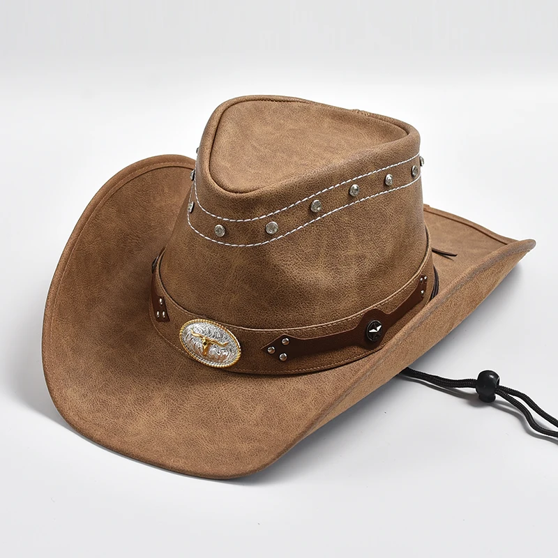 New 100% Leather Western Cowboy Hat Men Wide Brim Gentleman Church Jazz Cap Cowgirl Hats Sombrero Hombre