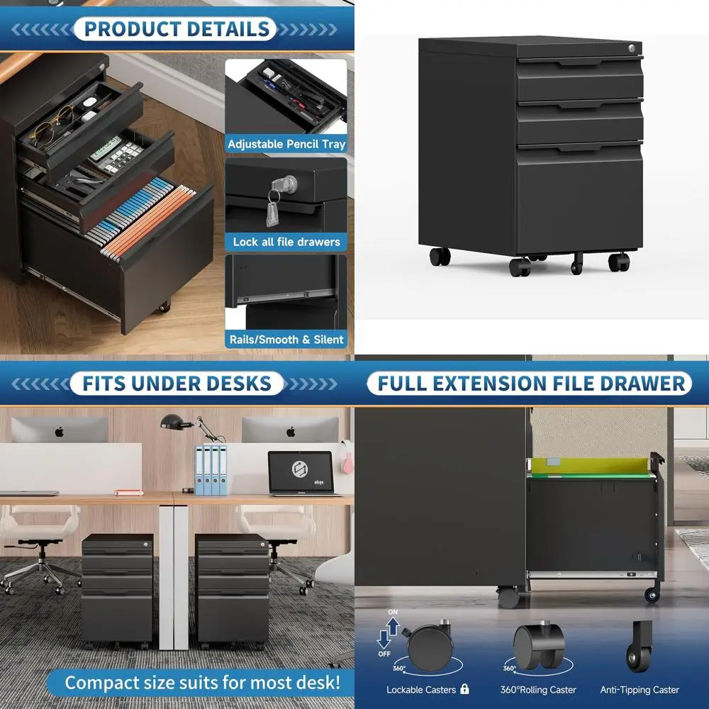 

Mobile Lockable 3-Drawer Metal File Cabinet for Legal/Letter/A4 Files - Black, Assembly Needed