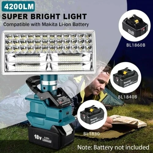 

4200LM Cordless LED Work Light for Makita 18V Battery Floodlight Spotlight Flashlight with USB Port Clip Design Camping Workshop