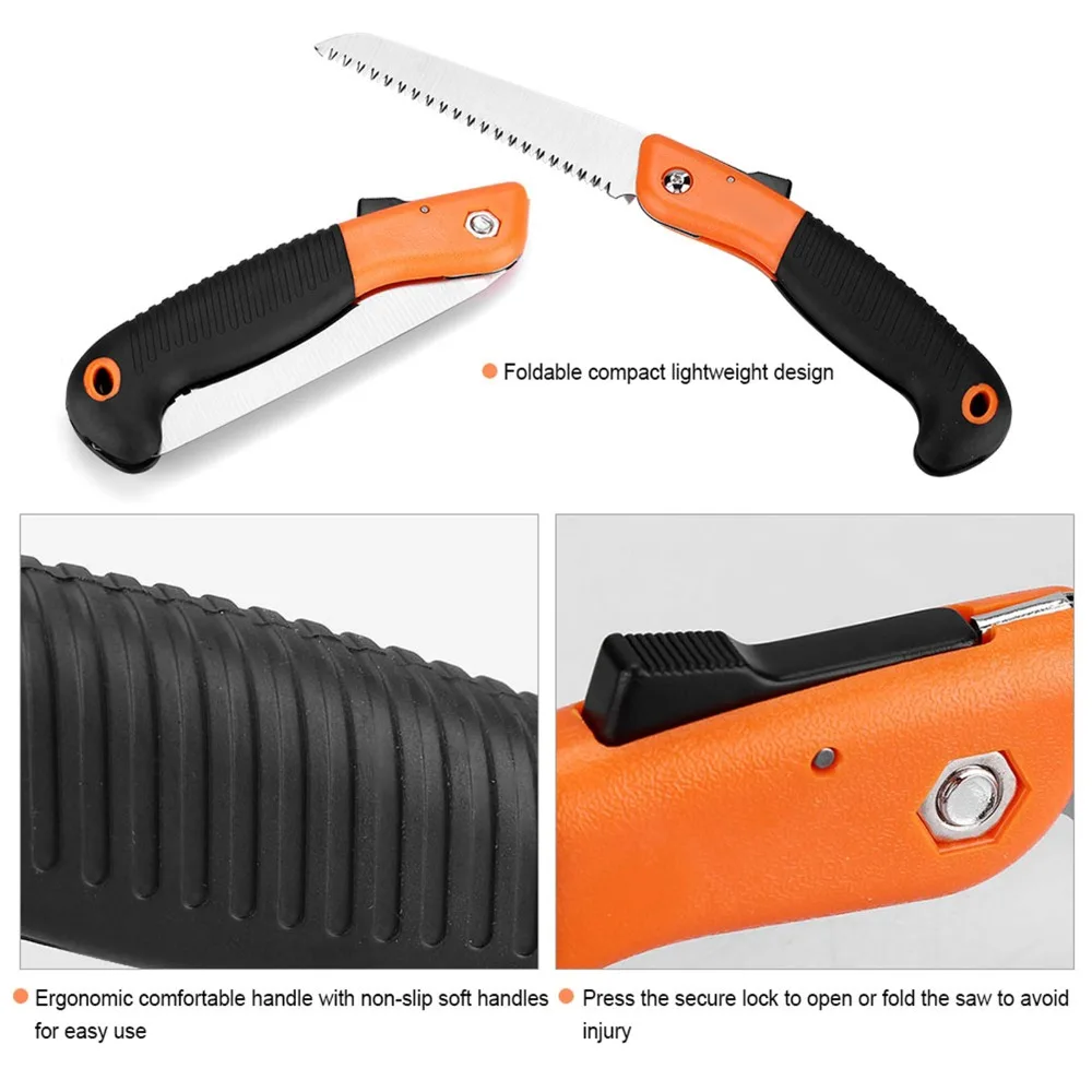 Orange Folding Pruning Saw Manganese Steel Anti-Slip Handle Hand Pruning Saw Comfort Soft Grip Triple-Cut Teeth Camping Saw Tool
