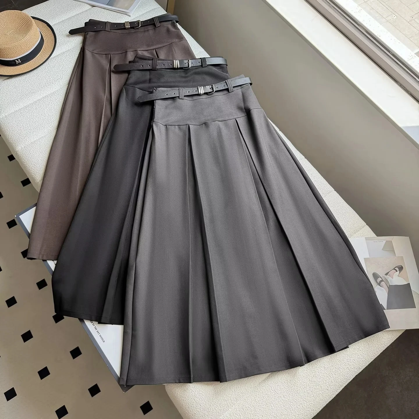 Fashionable Checkered Suit Skirt with Belt High Waist A-Line Long Dress Slimming Half-length Skirt for Women Polyester Blend