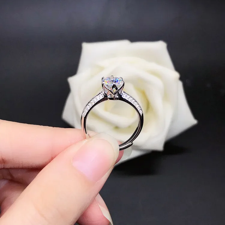 Solid 14K White Gold AU585 Platinum PT950 Moissan Diamond Ring Opening Adjustable One Carat Proposal Ring