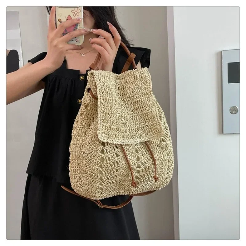 Concise Large Capacity Straw Weaving Hollow Out Drawstring Backpacks 2025 New High Quality Versatile Commute Student Backpacks