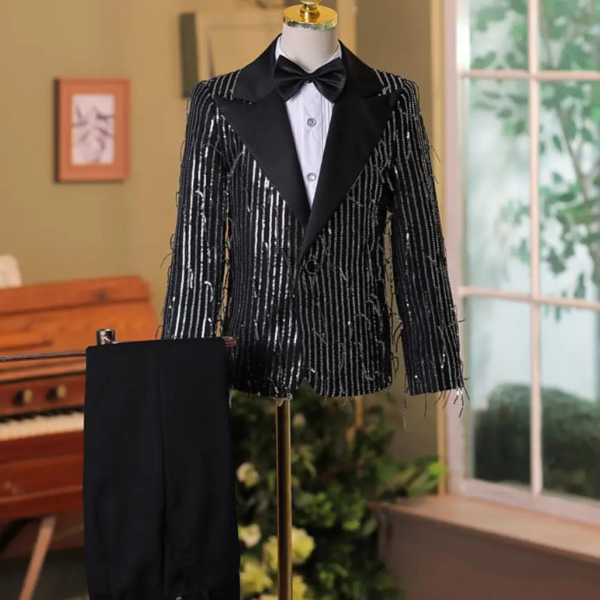 2024 New Children's Sequins Catwalk Suits Wedding Birthday Party Host Piano Performs a Walk Show Tuxedo Boys Blazer Sets A4112