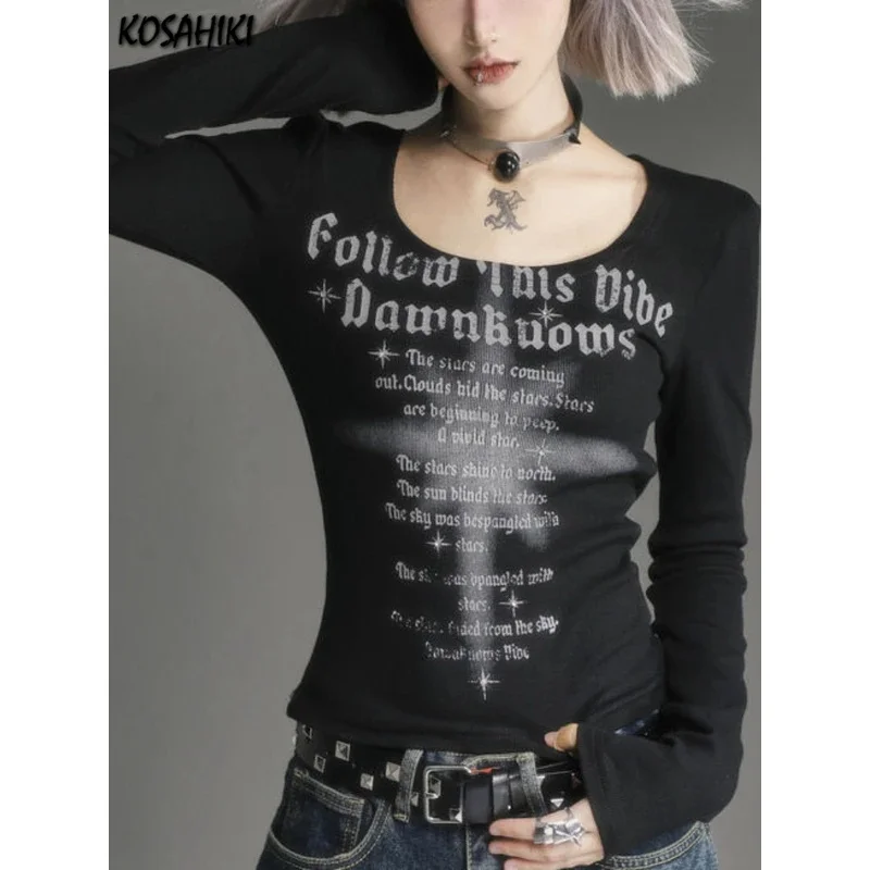 

Personality Y2k Aesthetic Slim Women T-shirt Vintage Letter Print Streetwear Grunge Tshirts Harajuku Vintage gothic Tee Femme