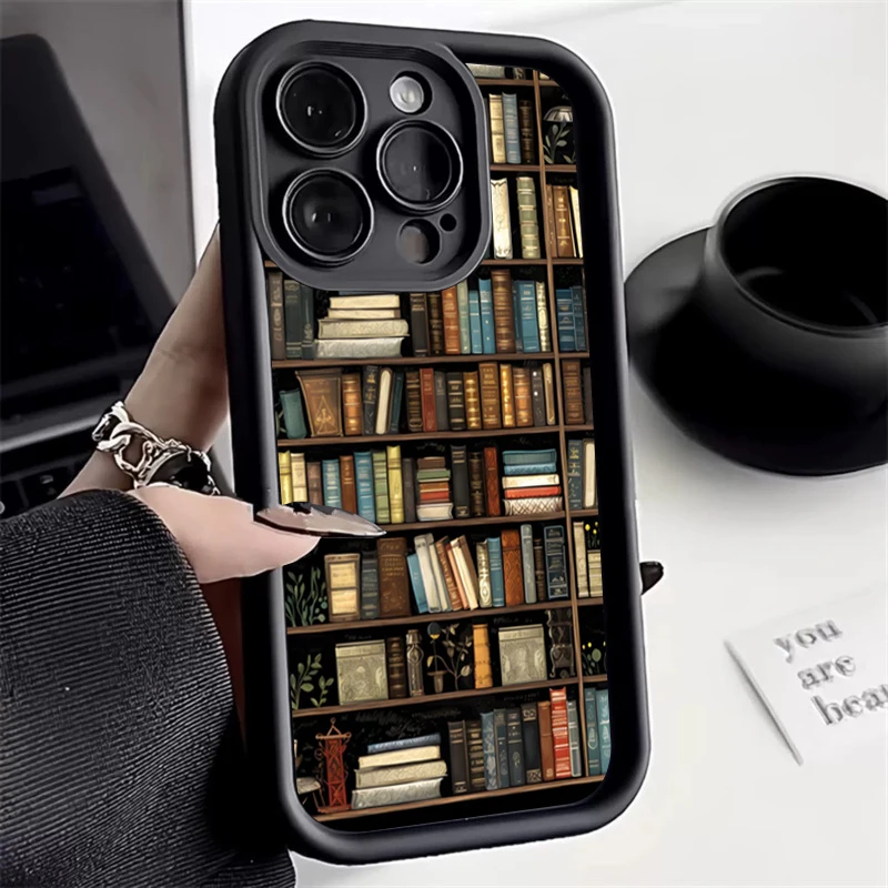 Case For iPhone 16 Pro Max Silicone Case For 15 14 13 12 11 7 8 Plus X XS XR SE Creative Bookshelf Shockproof Bumper Back Cover