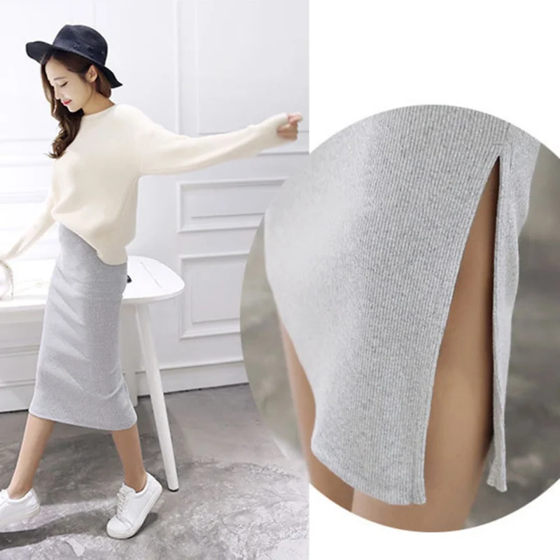 Women Split Pencil Skirt Casual Ladies Calf-Length Cotton Solid Stretch Slim Long Skirt