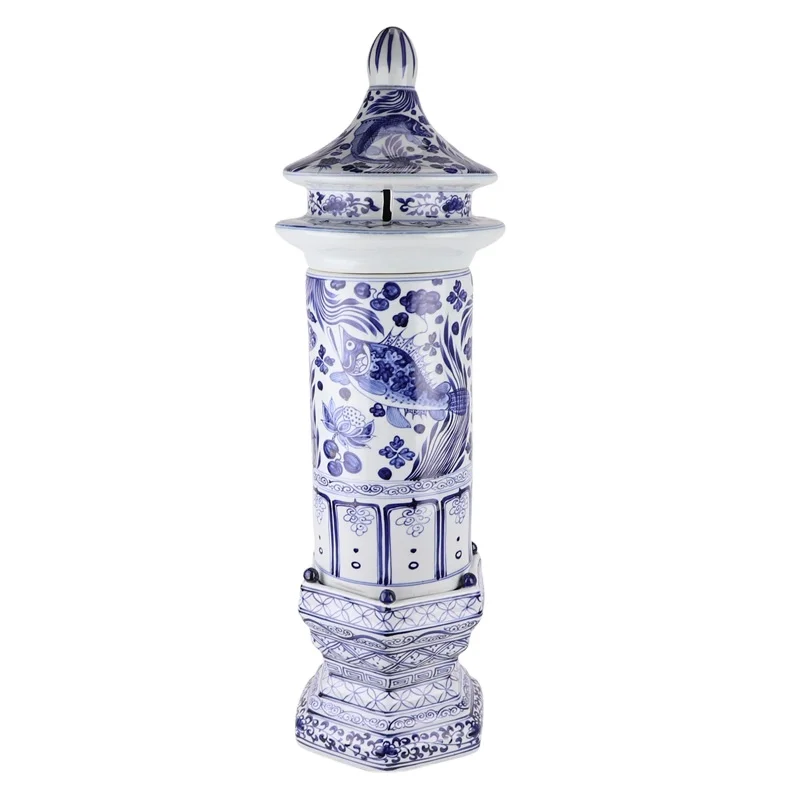 50 blue and white hand-painted fish and algae pattern porcelain tower