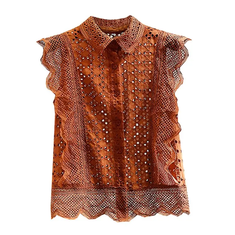 Neploe Water Soluble Lace Blusas Femme Patchwork Hollowed-Out Embroidery Sleeveless Shirts Single Breasted Loose Cotton Blouses