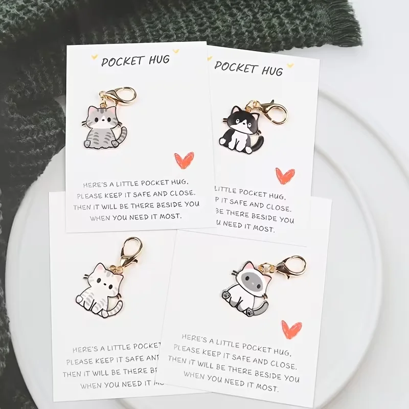 4 Mini Cute Kitten Pendant Keychains, Featuring Cartoon Cute Cat Designs with a Heart-Shaped Pocket Card That Says 