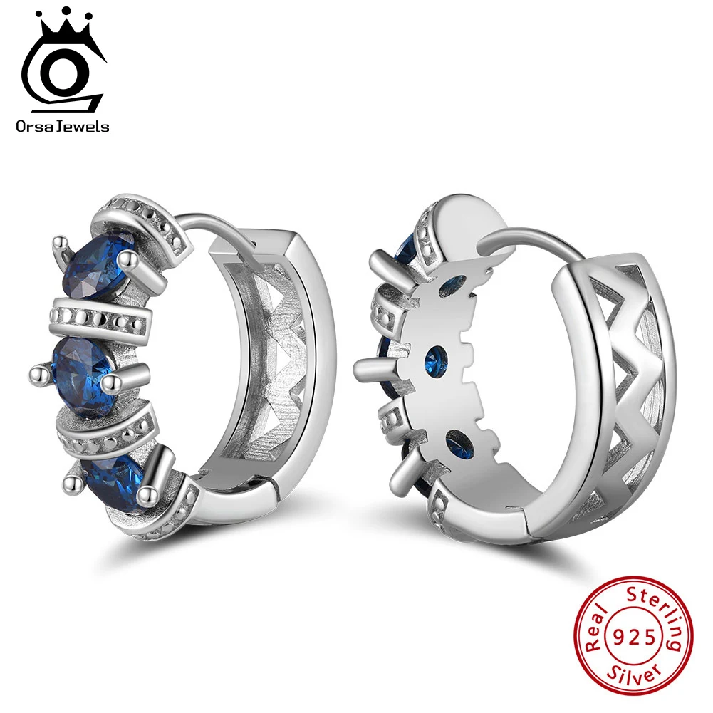 

ORSA JEWELS Created Sapphire Hoop Earrings with Genuine 925 Silver Rhodium Hoop Ear for Women Prong Setting Jewelry LZE48