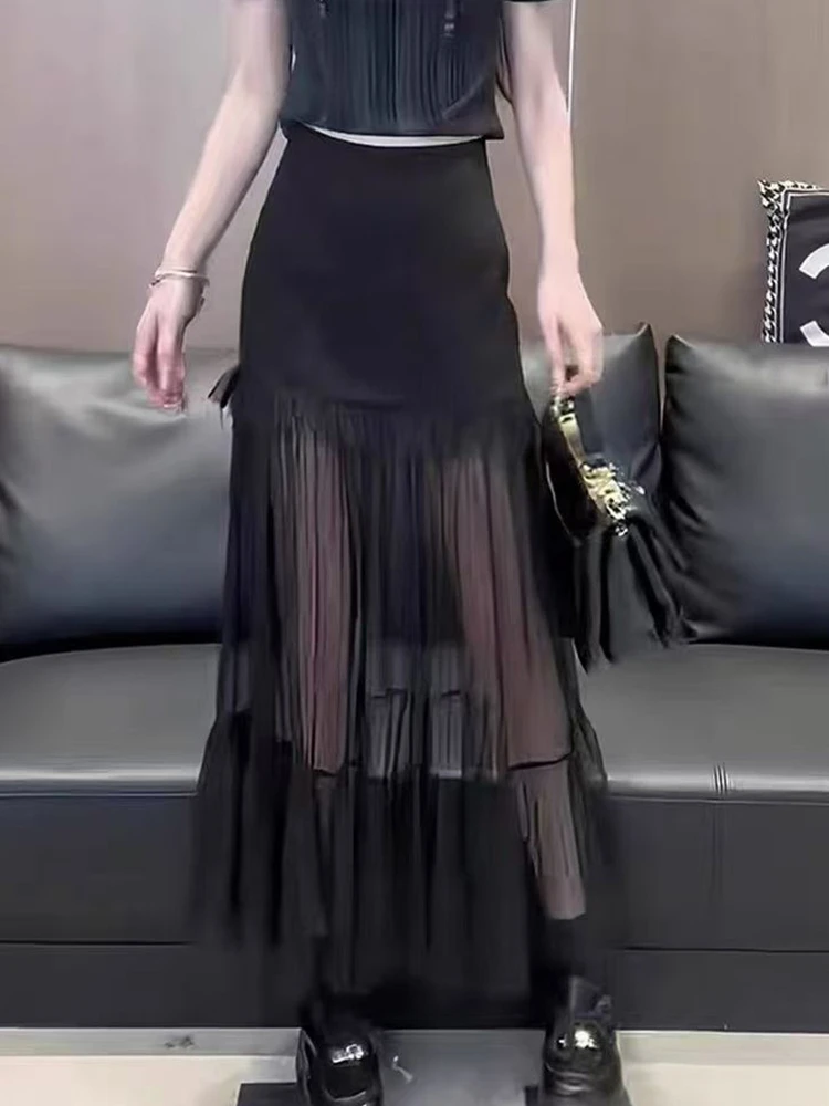 Slimming High Waist Mesh Splice Long Skirt Women's Fashion Commute Style A-Line  Skirt Black Versatile Half-length Skirt