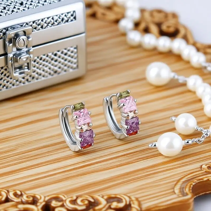Charm 925 Sterling Silver Geometry Colourful Crystal Zircon Hoop Earrings for Women Girls Wedding Party Jewelry Gifts Accessory