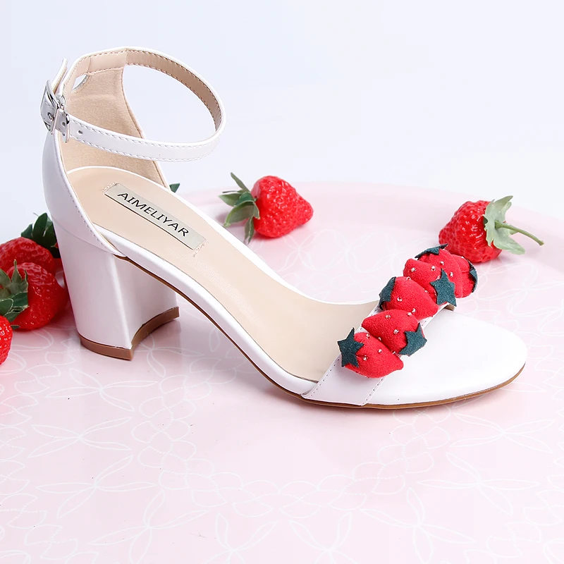 Sweet Style Strawberry String Sandals Open Toe One-button Ankle Strap Pu Leather Women Summer Hollow Pumps Student Daily Wear