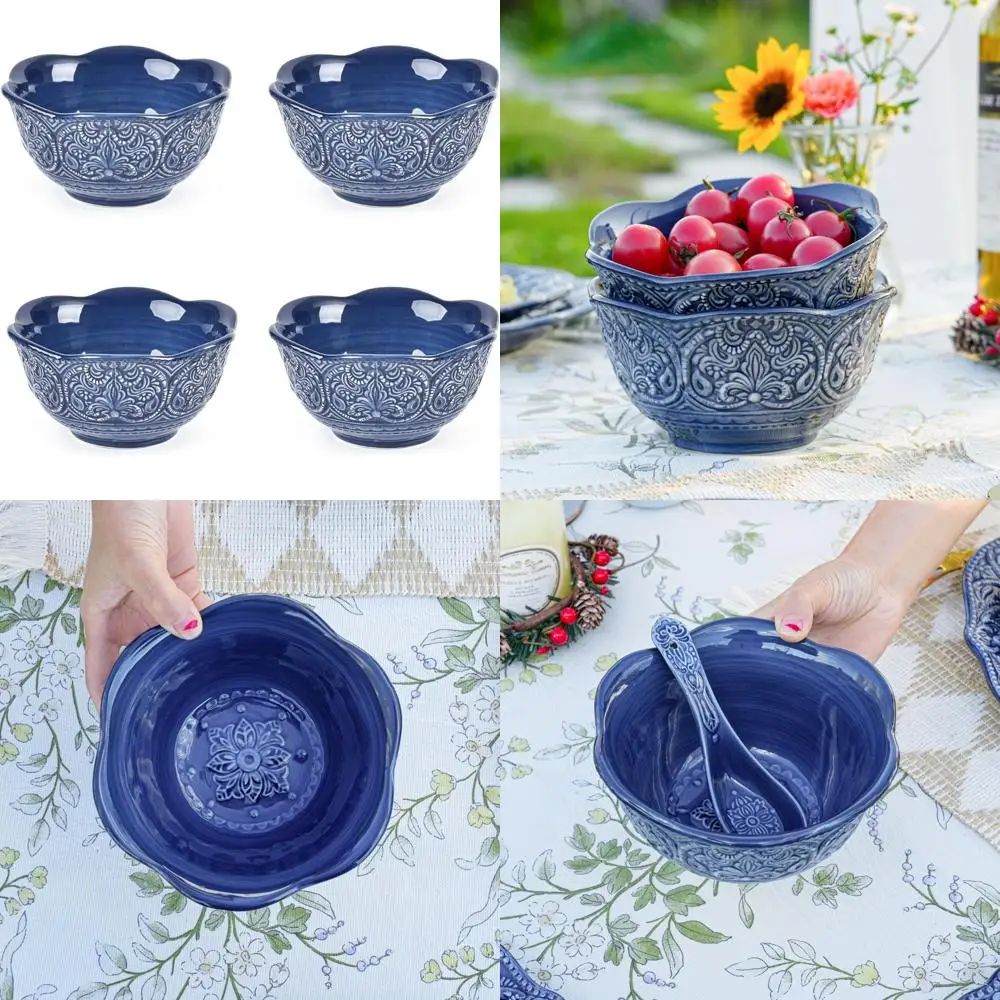 

"Set of 4 Antique Baroque Style 6 Inch Embossed Stoneware Flower Bowls for Fine Dining"