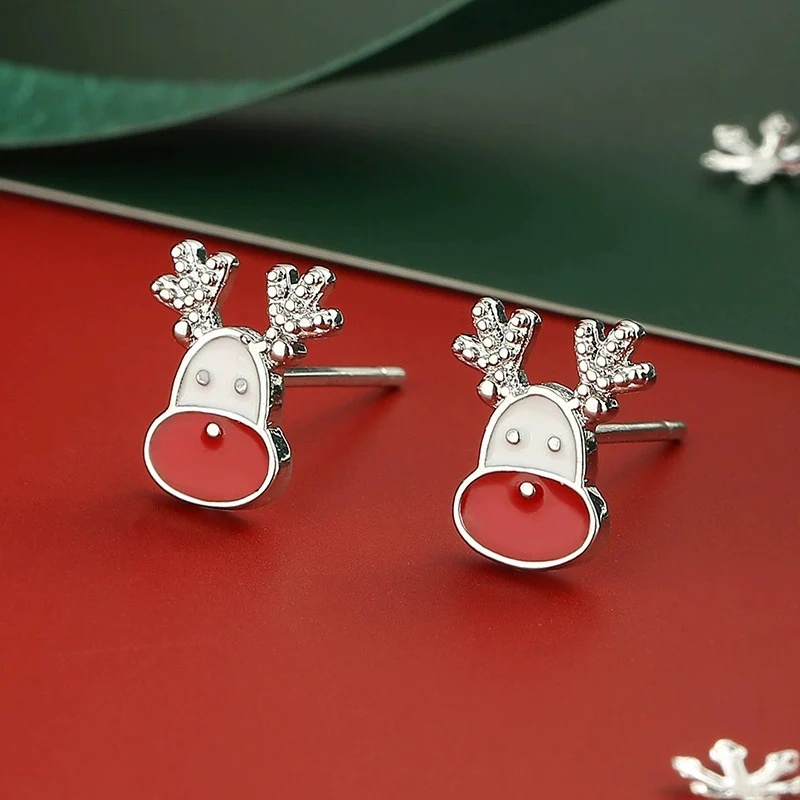 Fashion Women's Christmas Deer Snowflake Antler Ear Stud Cute Sweet Red Earrings Christmas Jewelry KOFSAC