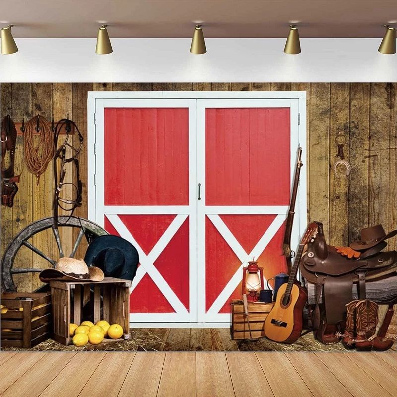

Retro Western Cowboy Photography Backdrop Wild West Wooden Farmhouse Red Barn Door Kids Boy Baby Shower Birthday Party Decor