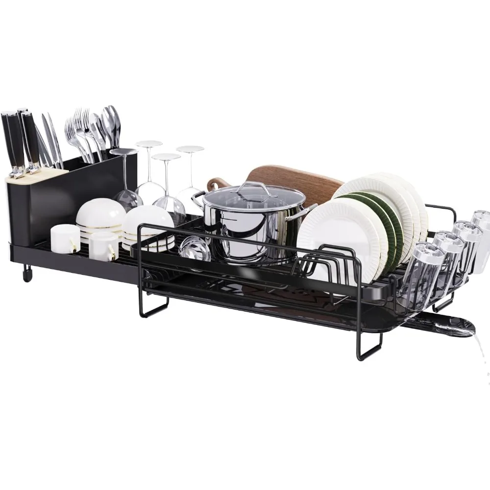 

Runnatal Large Dish Drying Rack with Drainboard Set, Extendable Dish Rack, Utensil Holder, Cup Holder, Expandable Dish Drainer f