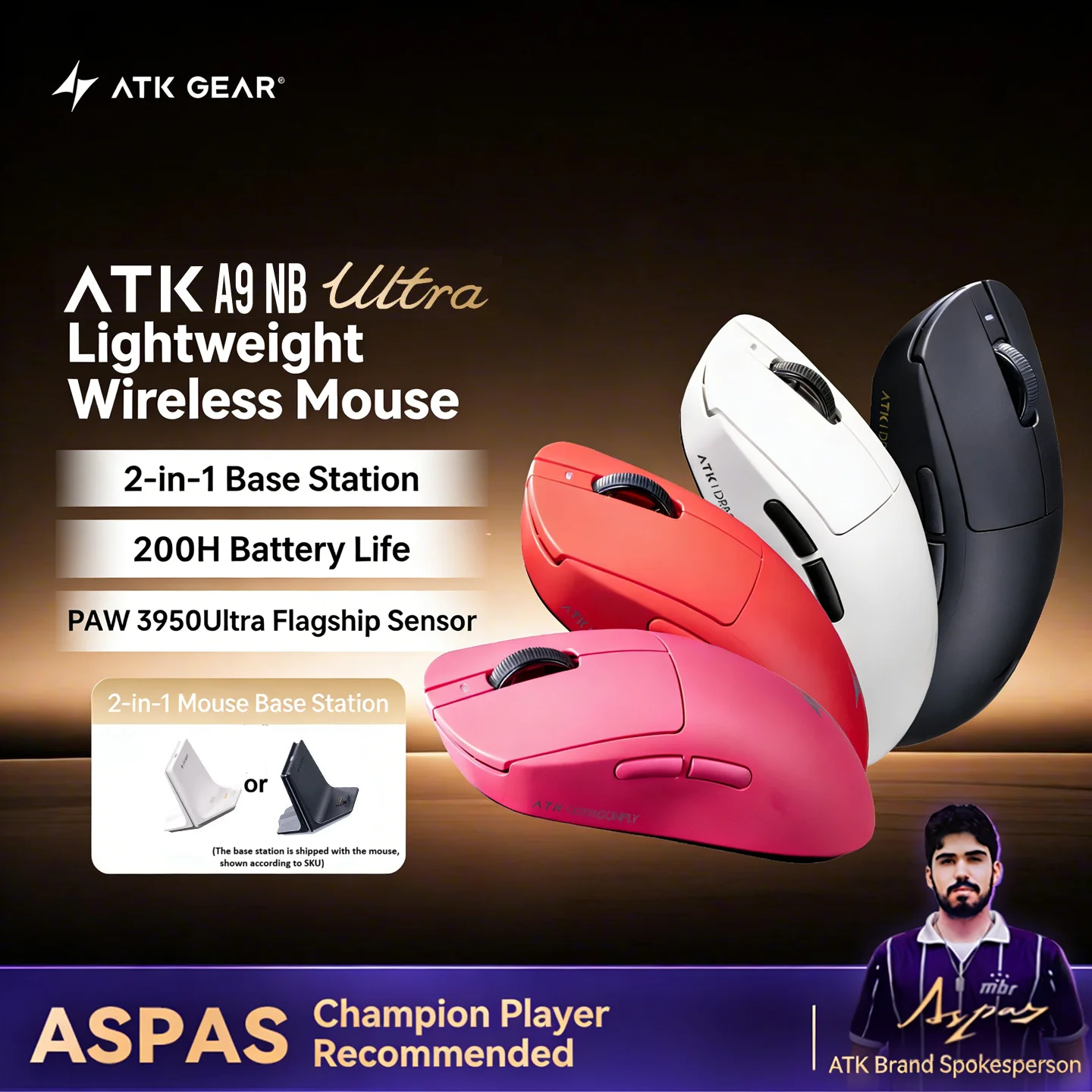 Mouse Gamer Sem Fio ATK A9 NB Ultra Leve PAW3950Ultra 8KHZ 750IPS 800mAh para Esports com Estação Base 2-em-1 Ultra Leve