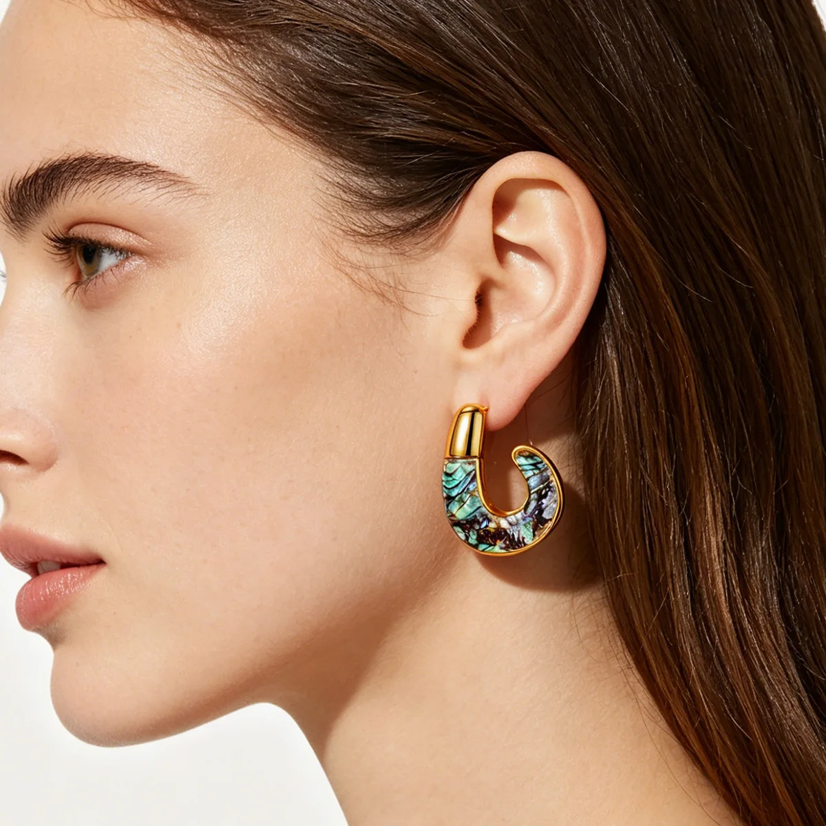 Boho Chunky Gold Plated Abalone Shell C-Shaped Hoop Earrings Vintage Elegant High Quality Daily Party Jewelry Gifts for Women