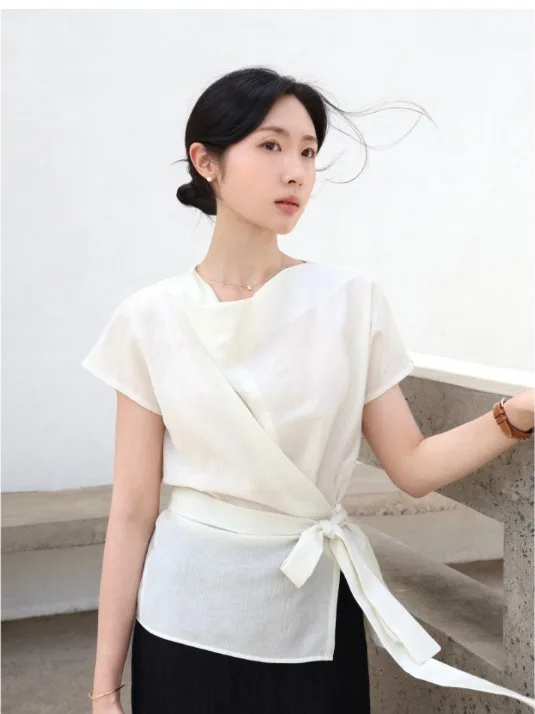 

Korean Style Summer Luxury Belted Short Sleeve Shirt Women's Top Slimming Design Sensation Waist Cinching Slim Fit Shirt