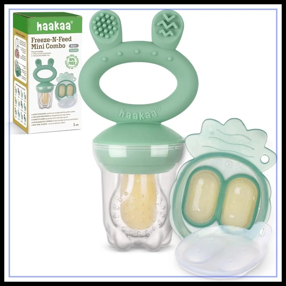 Alimentador de Frutas para Bebés y Bandeja Congeladora Combinada, Moldes de Silicona para Helados para Aliviar la Dentición, Sin BPA, para Autoalimentación Infantil, 4 Meses+ (Verde Guisante)