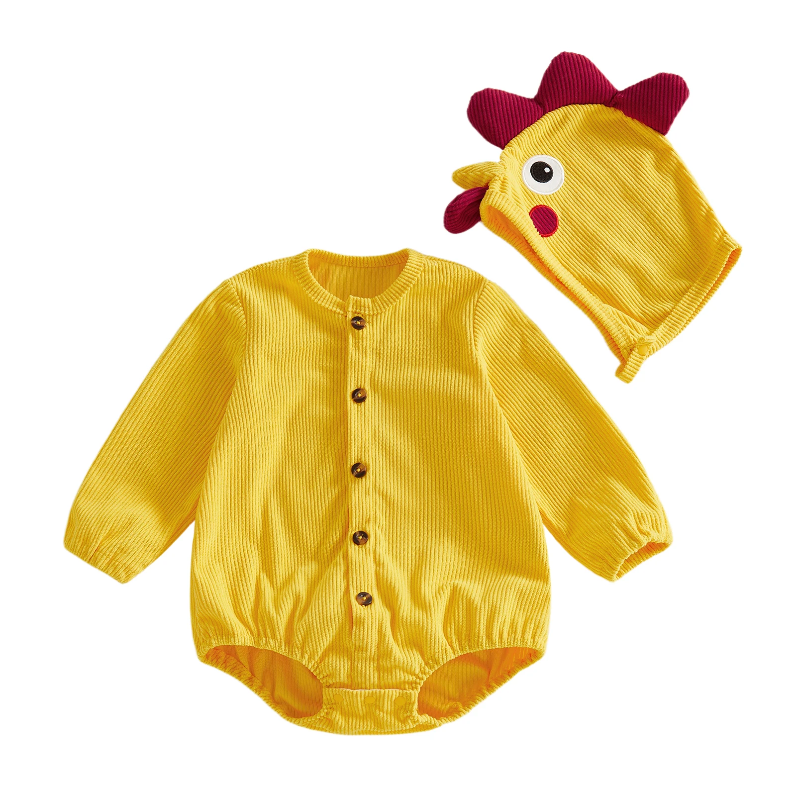 

Костюм для малышей в виде цыпленка, желтый комбинезон с длинными рукавами и пуговицами, милая шляпа, праздничная одежда, комплект из 2 предметов