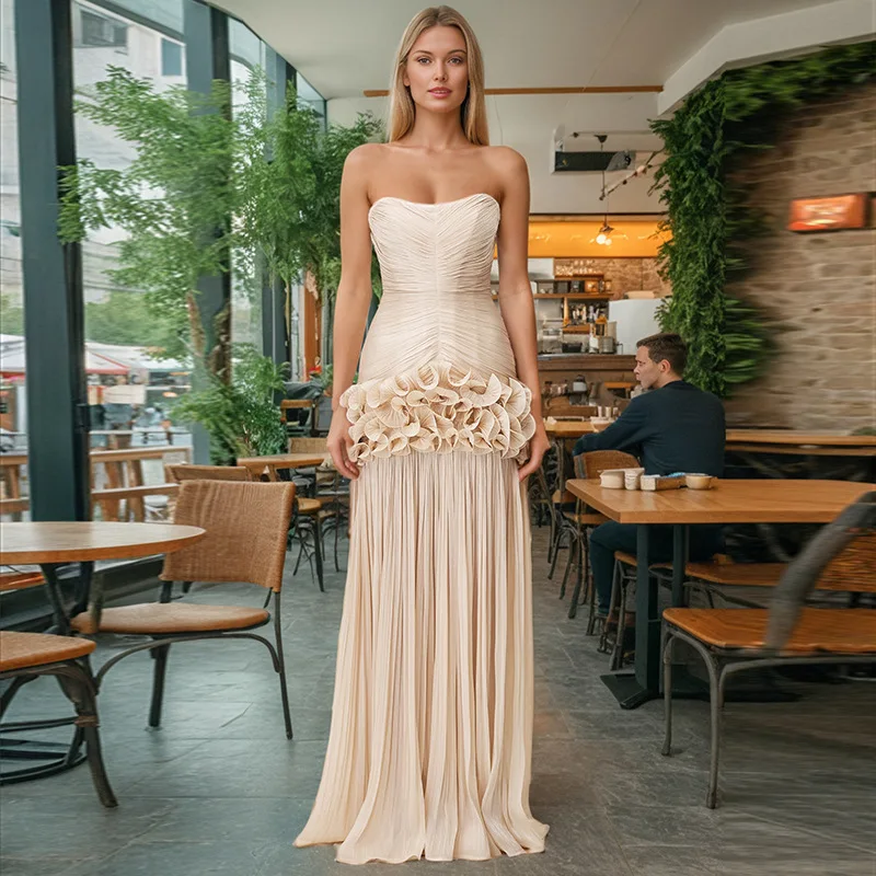 

2025 Fashion Splice Sexy Slimming Dress for Women High Quality Sleeveless Strapless Elegant Ruffled Long Dresses Female Clothing
