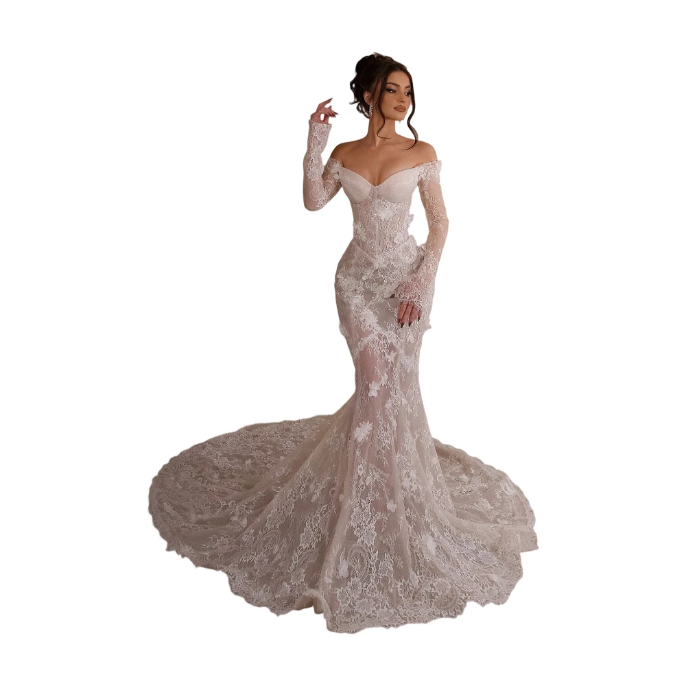Luxury Mermaid Wedding Dresses Off Shoulder Appliques Lace Bridal Gowns Sweep Train Lace-Up Back Customized Robe De Mariée