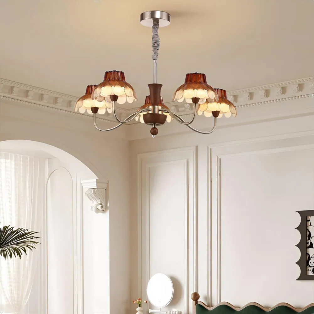 French Style Pendant Lamp Made of Walnut Wood, American Style Restaurant, Living Room, Lobby, Vintage Bedroom Pendant Lamp