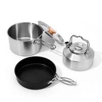 Outdoor 304 Stainless Steel Three-piece Pot Portable Camping Cooker Non-stick Frying Pan Kettle Cooking Pot Camping Set Pot