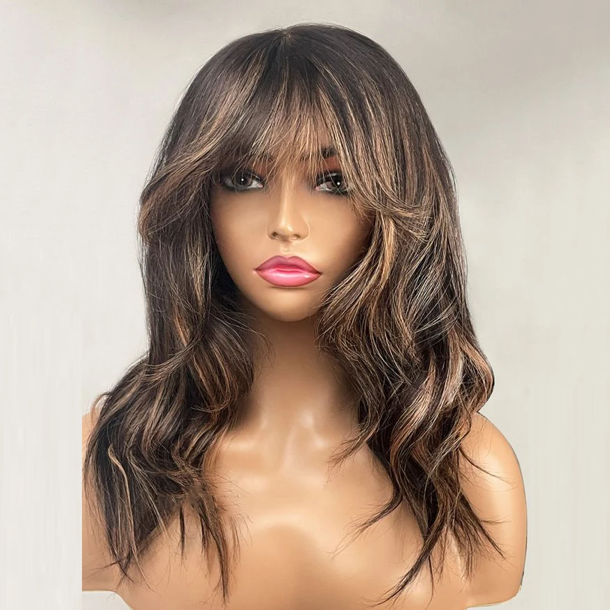 Blonde Highlight Curtain Bangs Wavy Lace Front Wig Brazilian Human Hair Wigs with Bangs Natural Looking Fringe Wig for Women