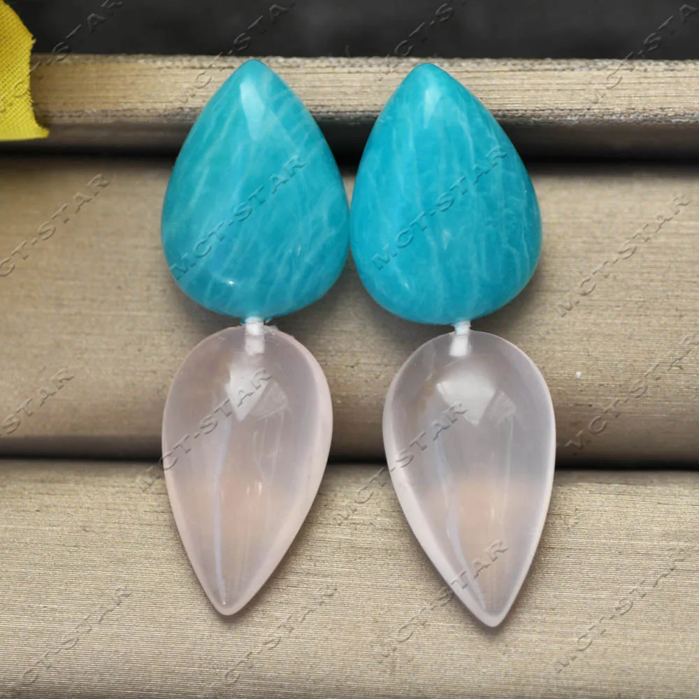 

Z14394 Висячие серьги из 100% 25 мм с натуральным каплевидным синим амазонитом и розовым кристаллом