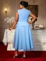 Women Blue Dresses Elegant A Line Tulle 3D Flower V Neck Peplum Belly Cover Party Plus Size Curve Female Fashion Wedding Guest - Image 2