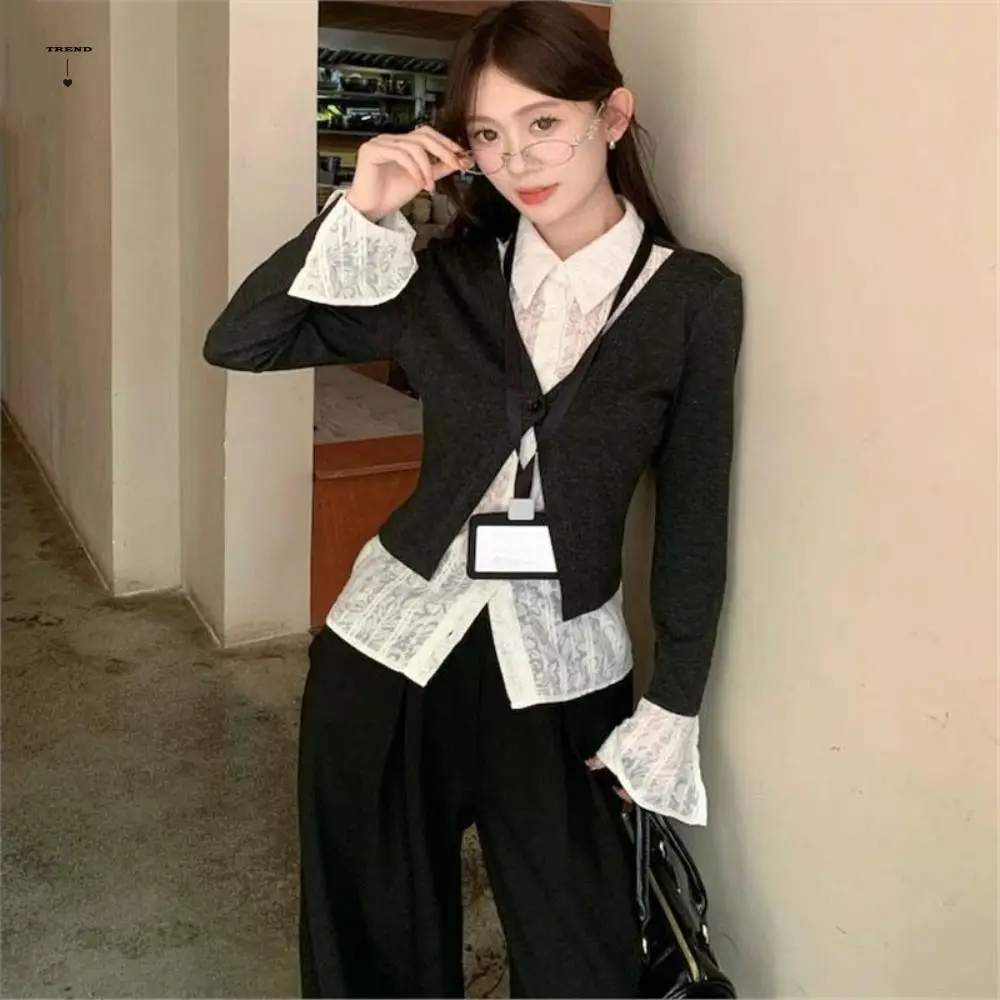 

Приталенный ложный топ из двух предметов в корейском стиле, милый кружевной трикотаж с длинными рукавами, лоскутные кардиганы, кружевные рубашки, трикотаж женский